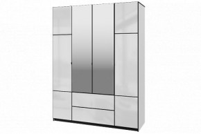 Шкаф 4-х дверный Палермо 02 с ящиками и зеркалом Белый гладкий шелк/Черный гладкий шелк в Сургуте - surgut.mebel-74.com | фото